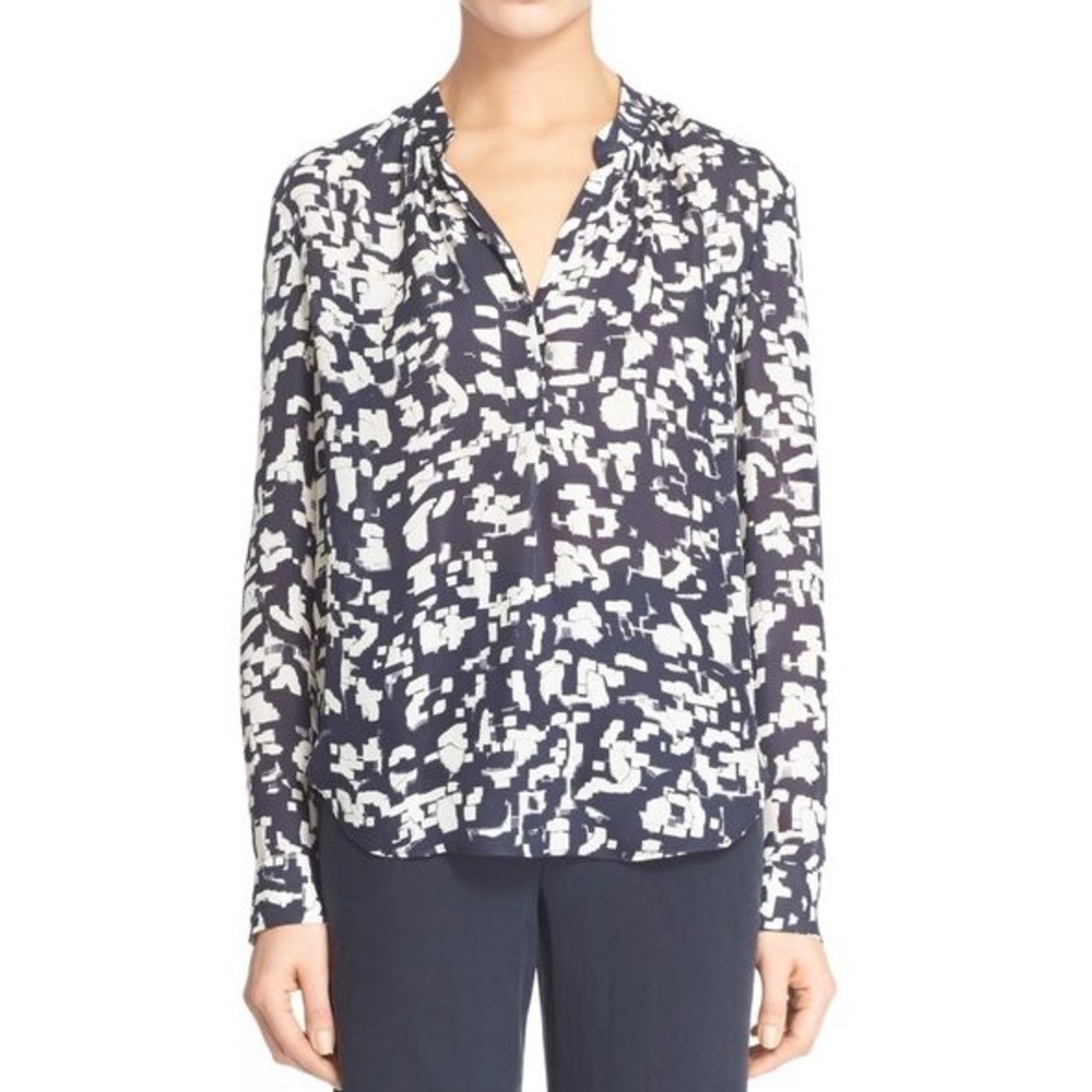 Vince Shirred Neck Silk Long Sleeve Popover Top